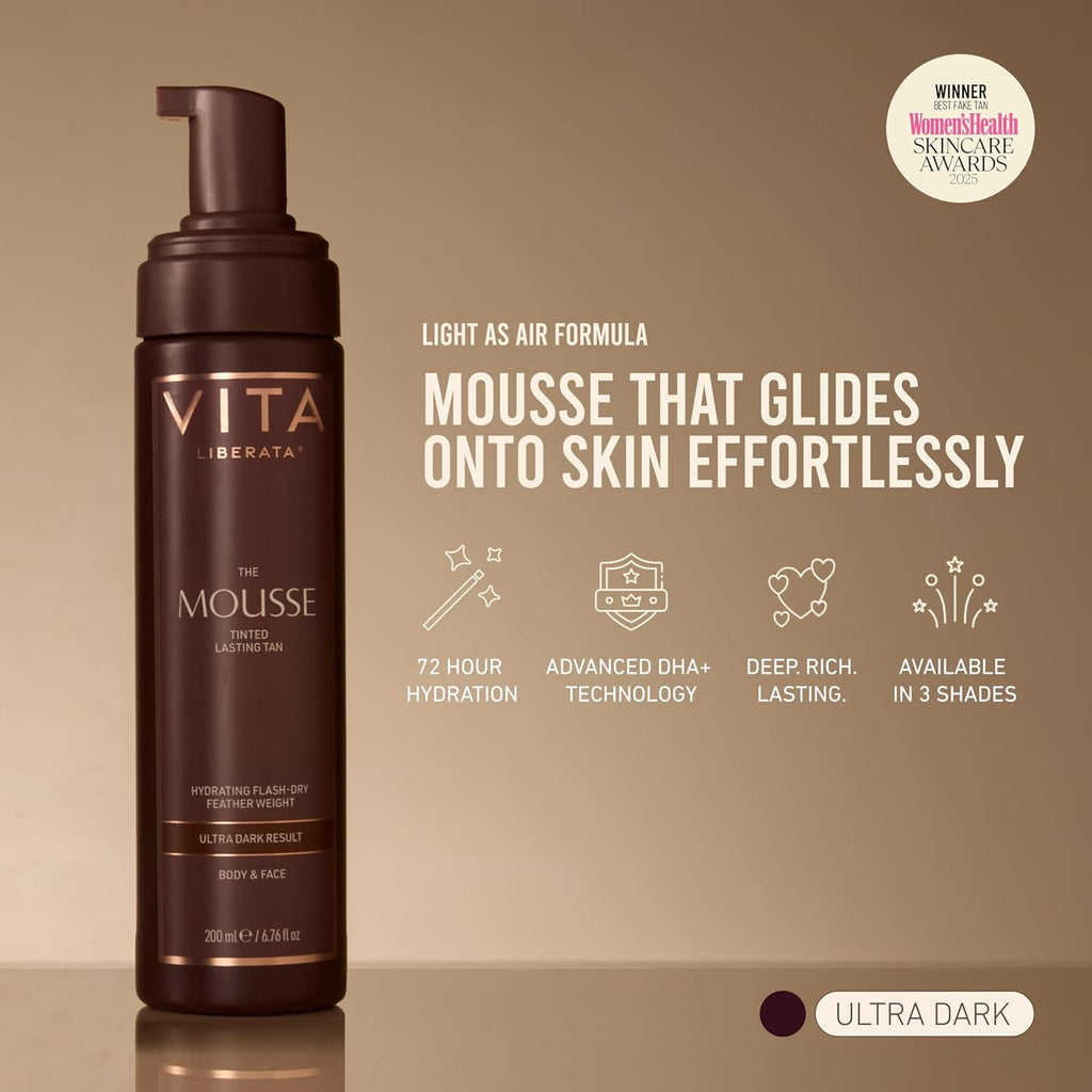 VITA LIBERATA Tinted Self Tanner Mousse - Medium, Lightweight & Fast Drying Formula, Tinted For Easy Application, Lasting Tan, Formulated with Organic Aloe Vera & Hyaluronic Acid, 6.76 fl oz