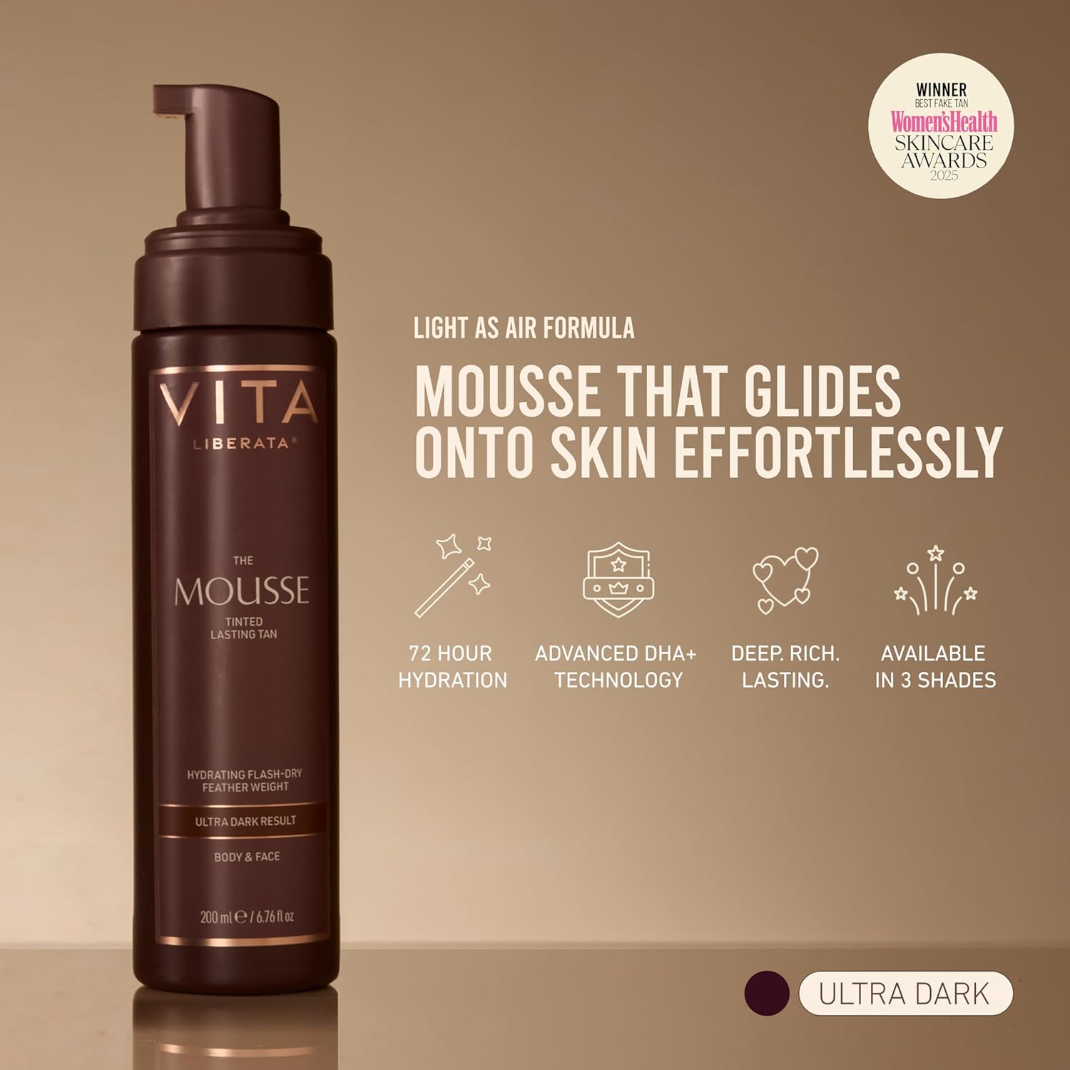 VITA LIBERATA Tinted Self Tanner Mousse - Medium, Lightweight & Fast Drying Formula, Tinted For Easy Application, Lasting Tan, Formulated with Organic Aloe Vera & Hyaluronic Acid, 6.76 fl oz
