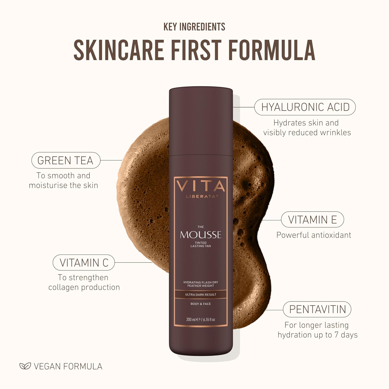 VITA LIBERATA Tinted Self Tanner Mousse - Medium, Lightweight & Fast Drying Formula, Tinted For Easy Application, Lasting Tan, Formulated with Organic Aloe Vera & Hyaluronic Acid, 6.76 fl oz